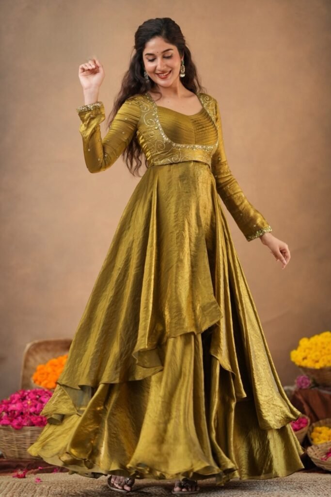Sharavani 2 In 1 Indo Western Olive in Glass Tissue