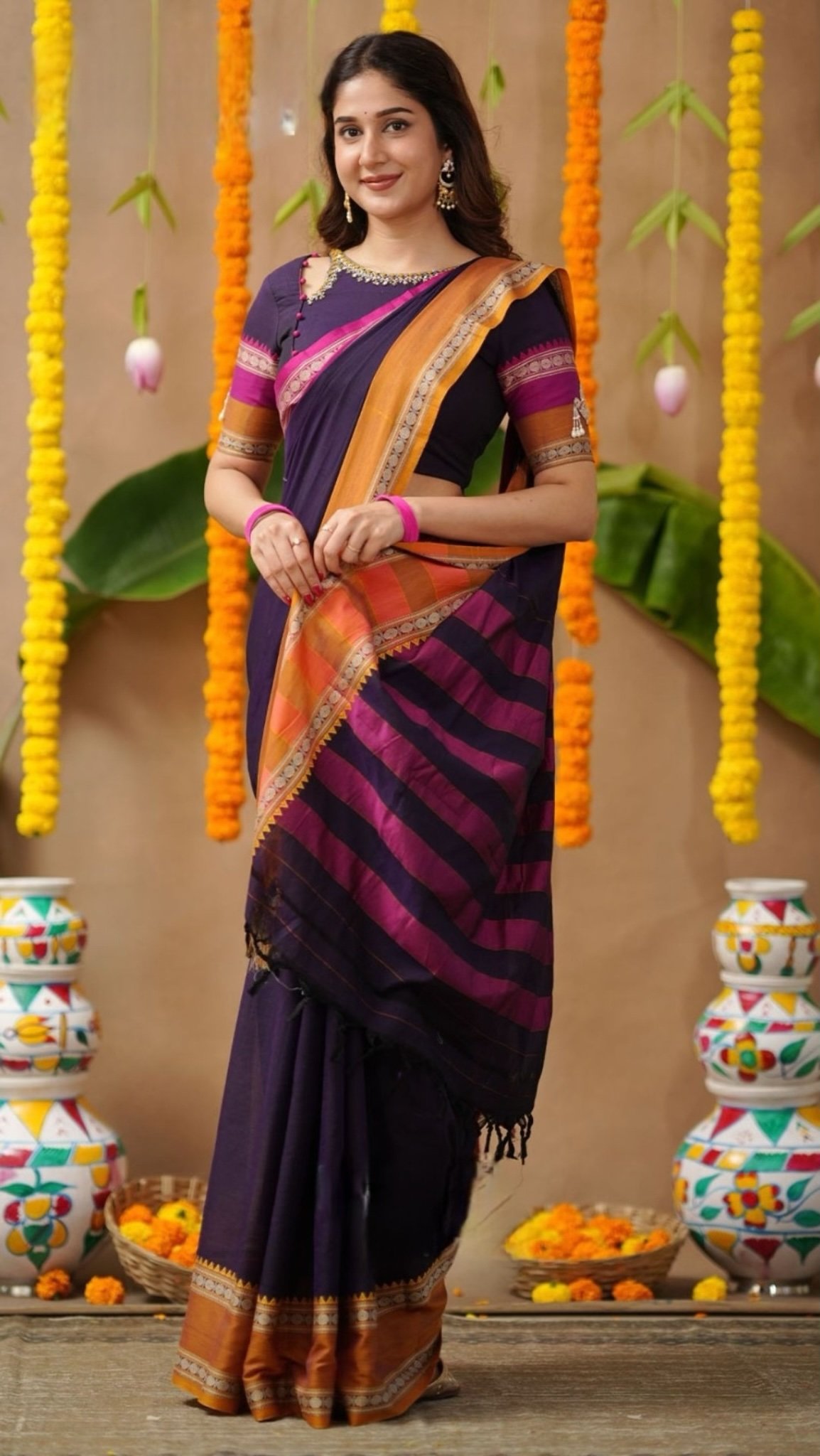 Jasha 2-In-1 Half Saree Navy Blue With Handworked Blouse - Image 7