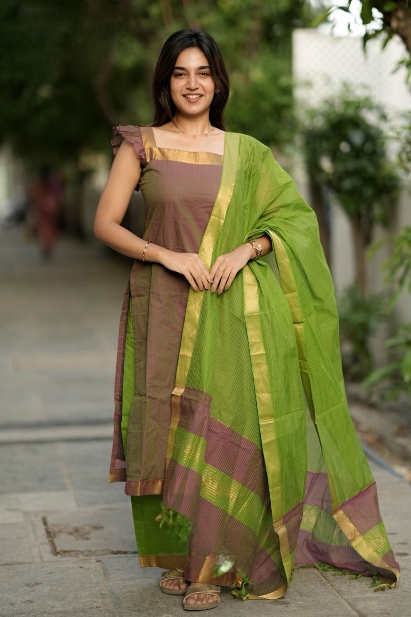 Pranitha Handloom Olive green Suit set - Image 6