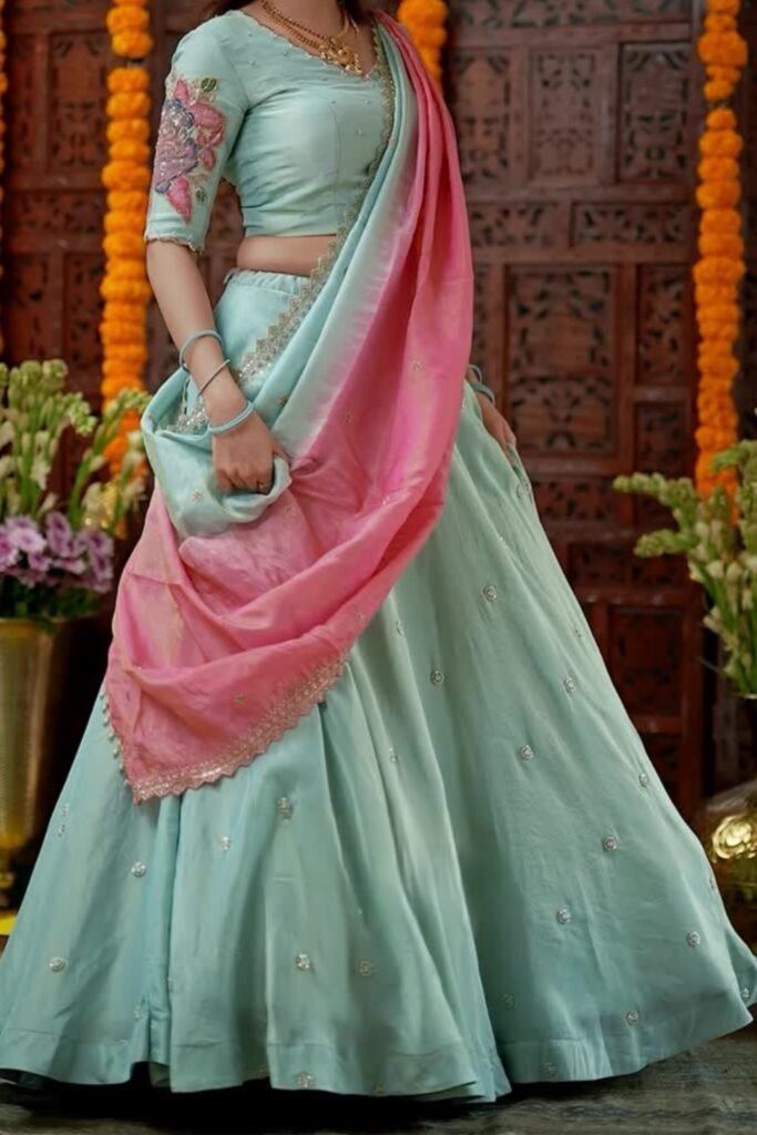 Raeya Aqua Blue Tissue kalamkari Lehenga Set