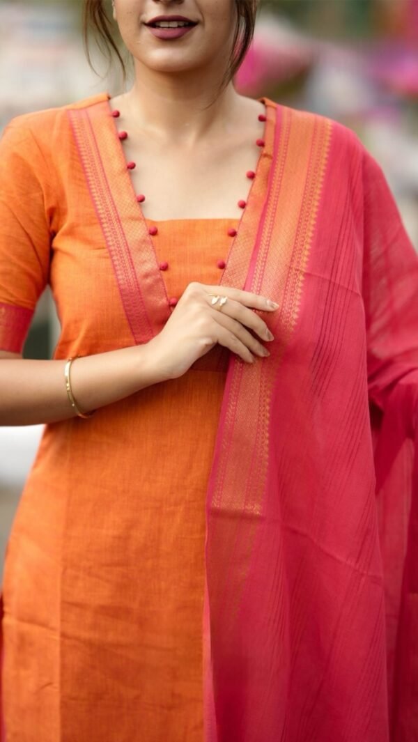 Pranitha Handloom Orange Suit Set - Image 6