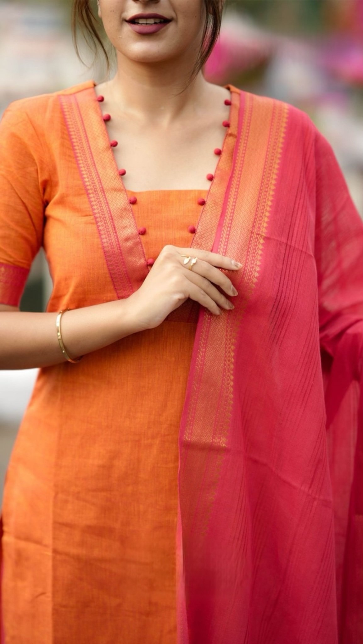 Pranitha Handloom Orange Suit Set - Image 6