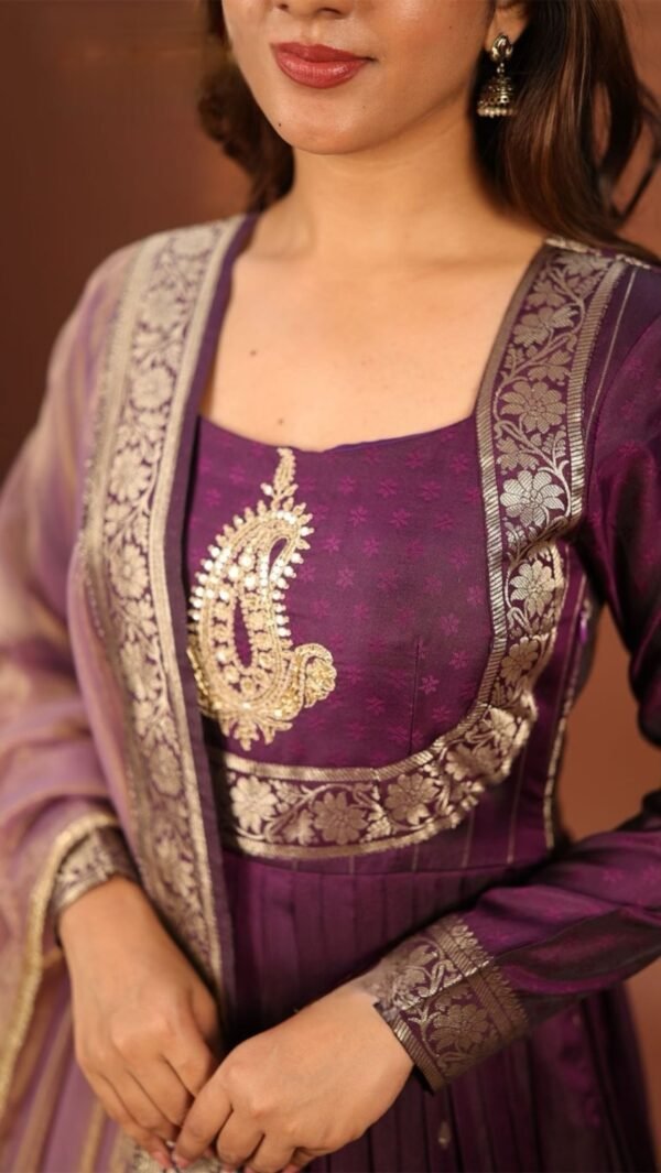 Pavani Wine Banarasi Silk Gown Dress - Image 6