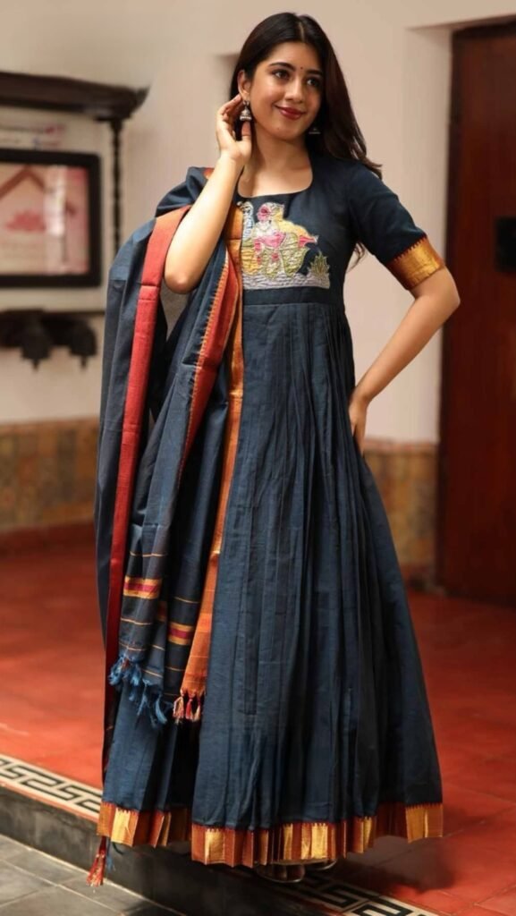 Kamali Navy Blue Handloom Anarkali Dress