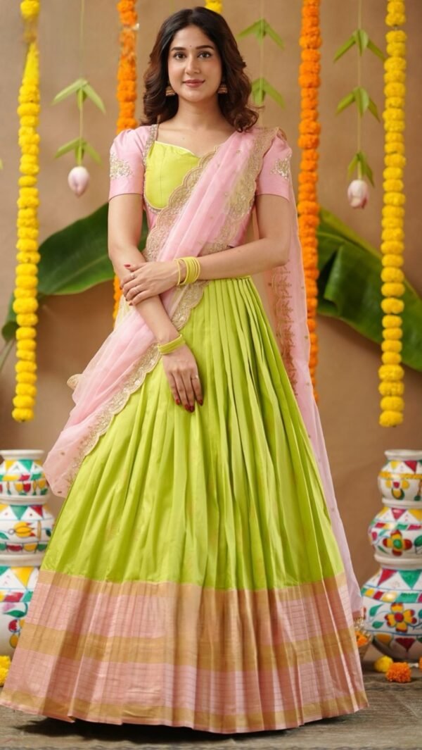 Niveditha Soft Silk Lehenga Set In Lime Green - Image 2