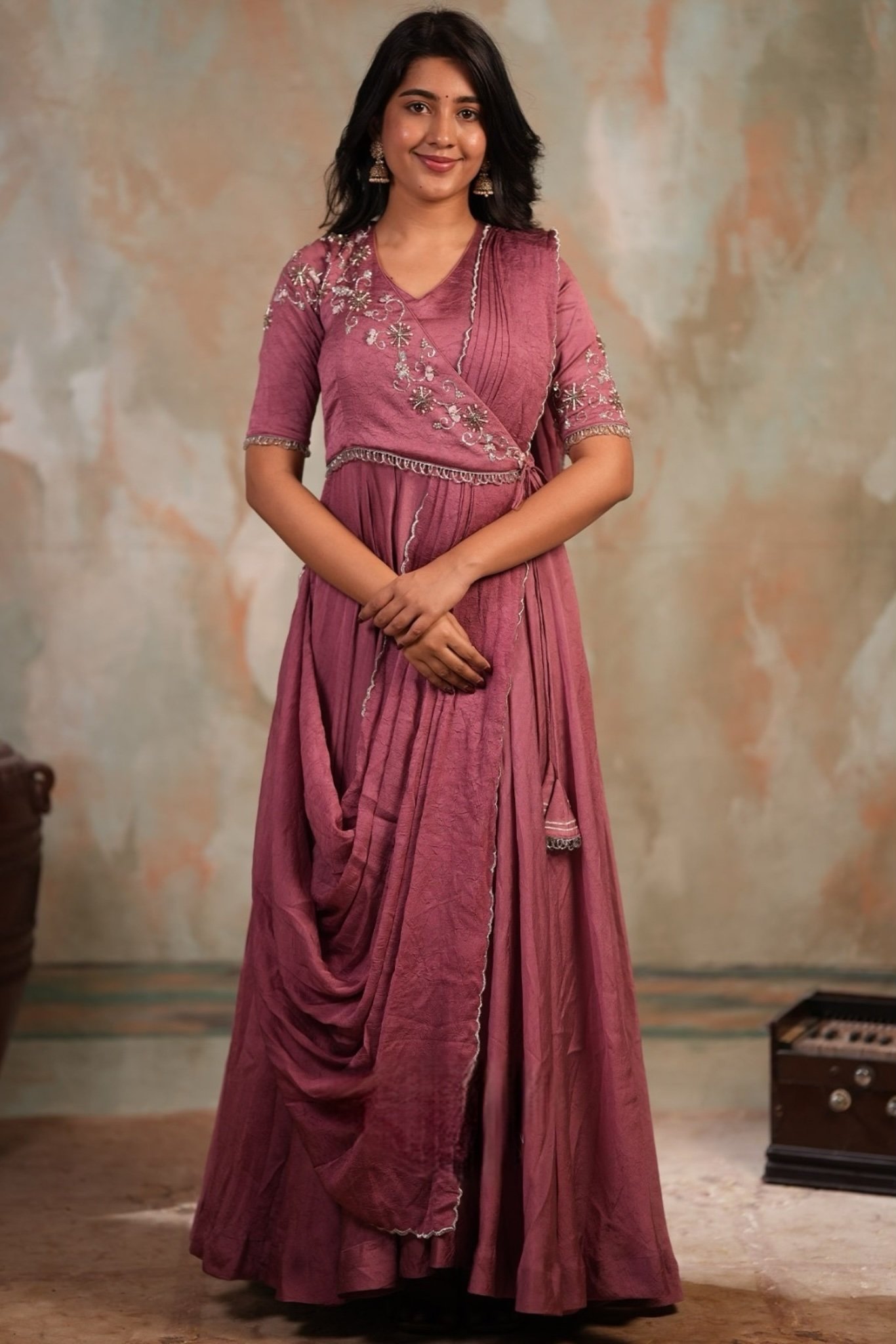 Rejhina Drape Crush silk Dress in Onion - Image 2
