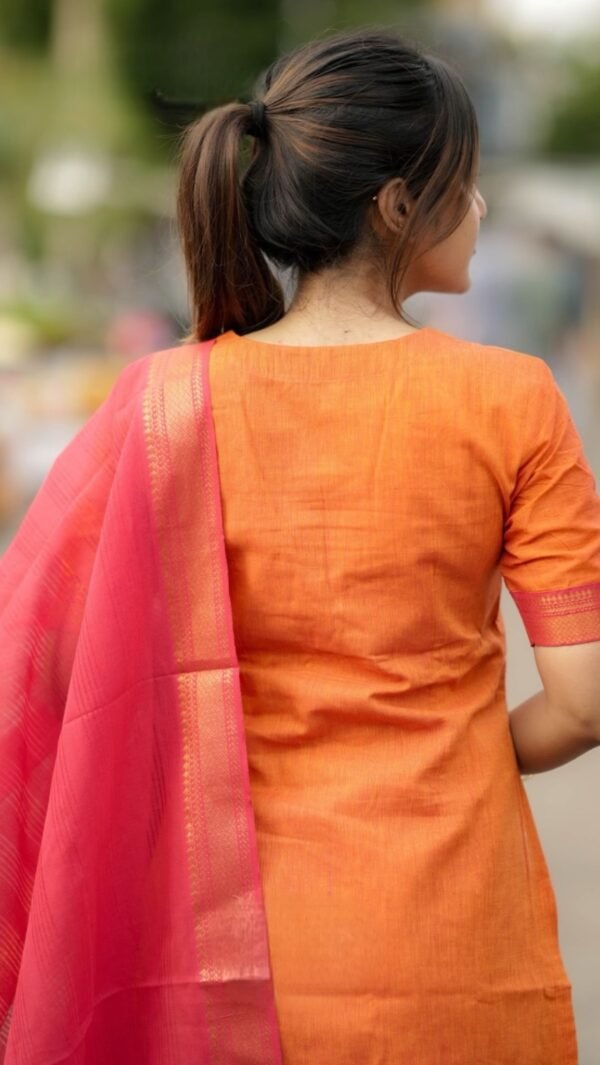 Pranitha Handloom Orange Suit Set - Image 7