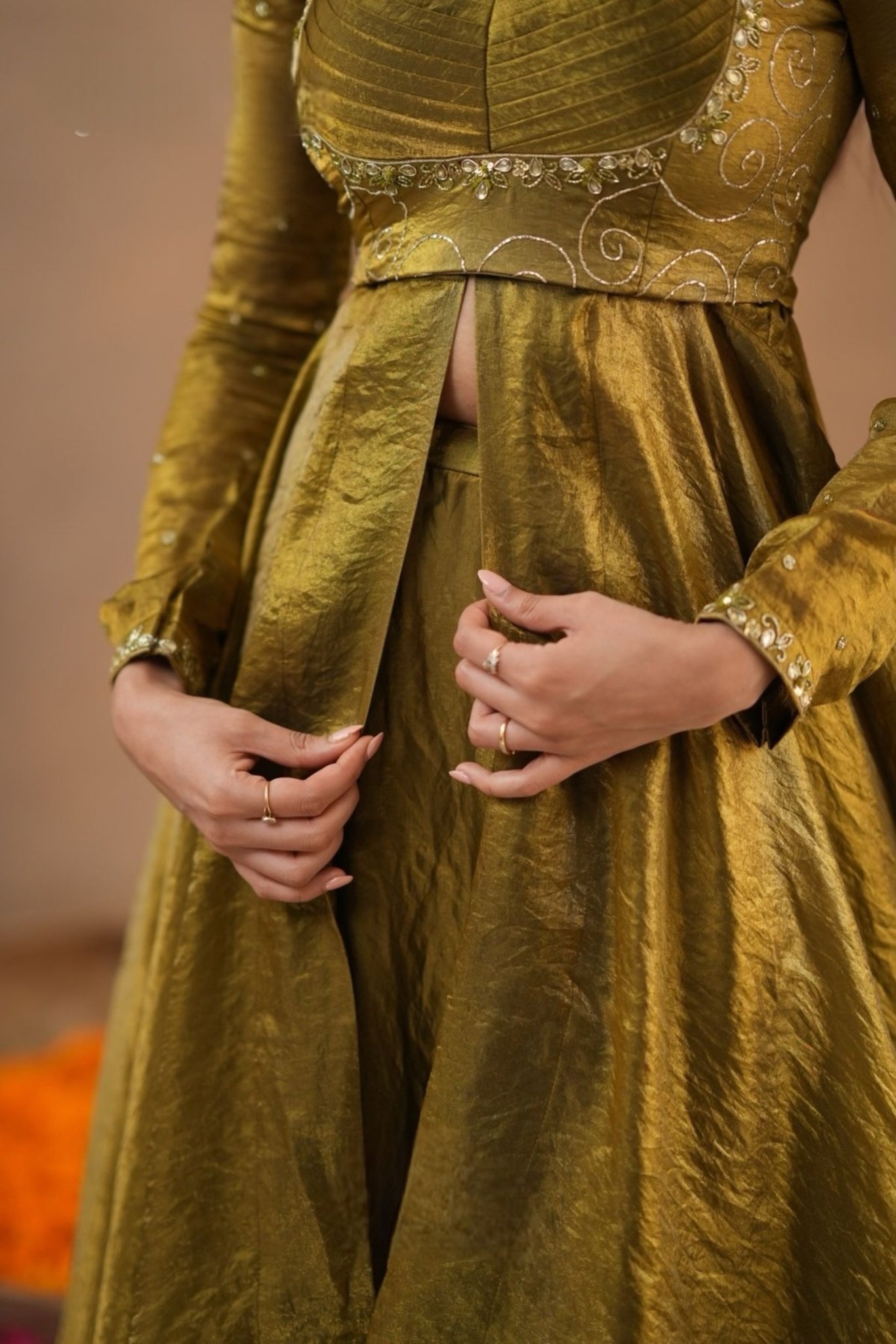 Sharavani 2 In 1 Indo Western Olive in Glass Tissue - Image 6