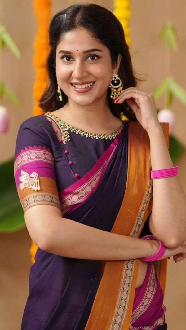 Jasha 2-In-1 Half Saree Navy Blue With Handworked Blouse - Image 6