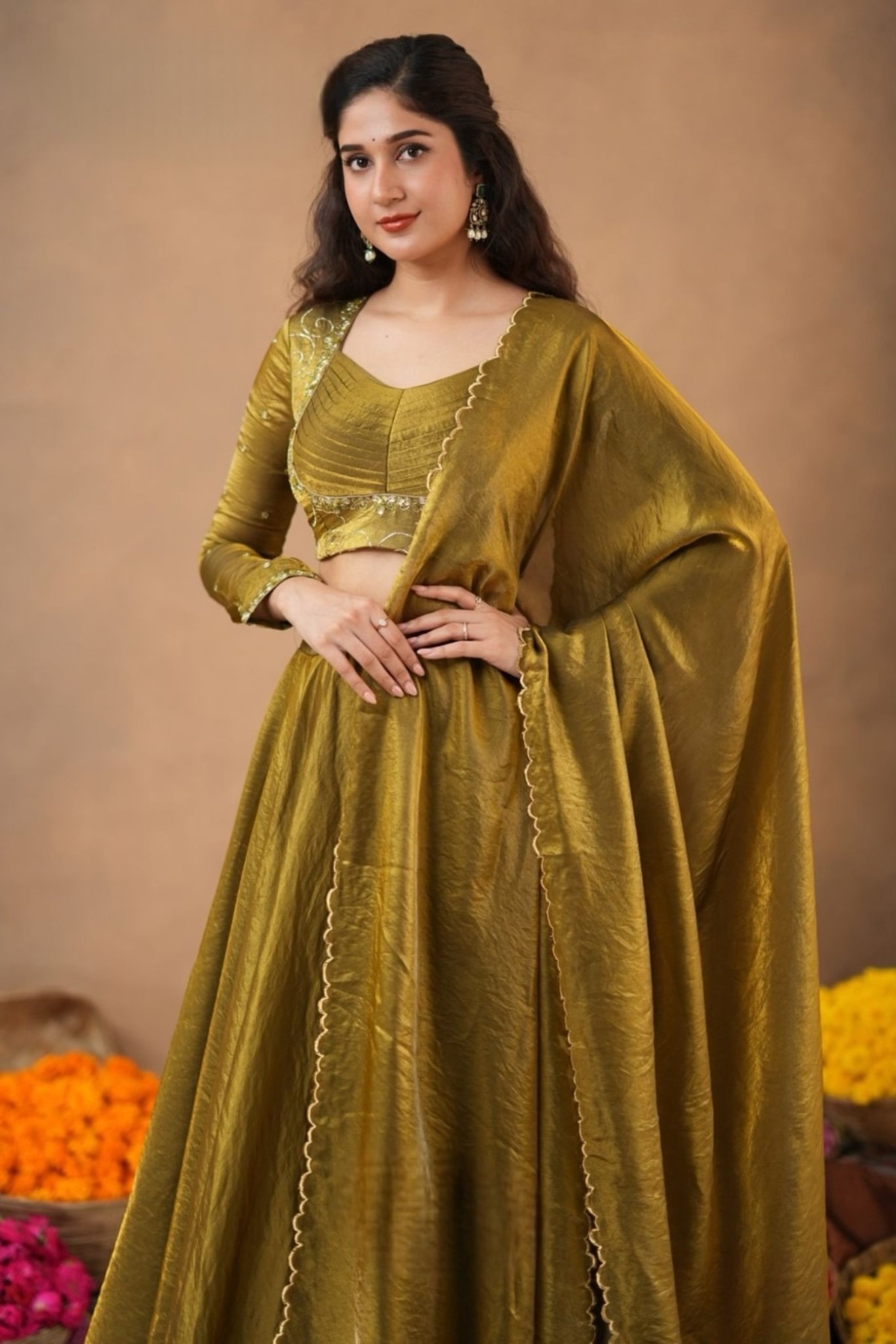 Sharavani 2 In 1 Indo Western Olive in Glass Tissue - Image 5