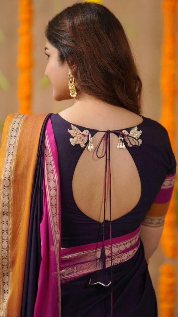 Jasha 2-In-1 Half Saree Navy Blue With Handworked Blouse - Image 8