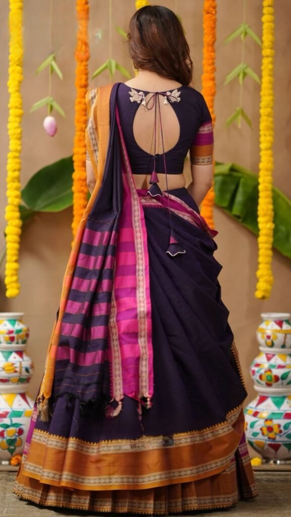 Jasha 2-In-1 Half Saree Navy Blue With Handworked Blouse