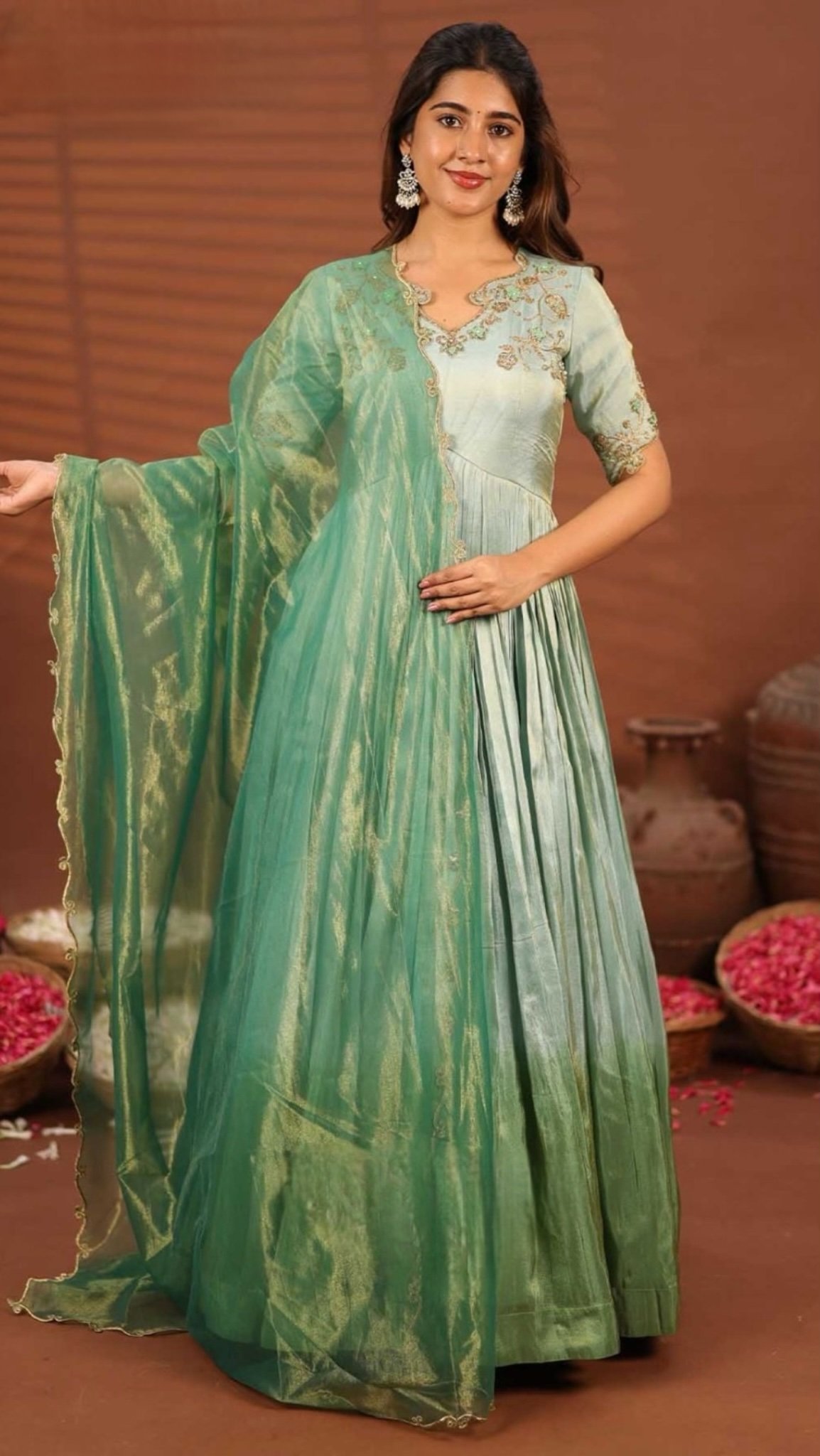 Rashmika | Aqua Tissue Zari Anarkali Suit Set - Image 1